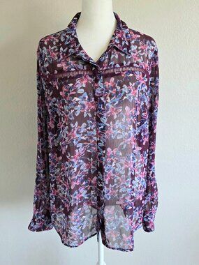 Kut from the Kloth Blouse Top Purple Blue Floral Semi Sheer Lace Ladder Size L